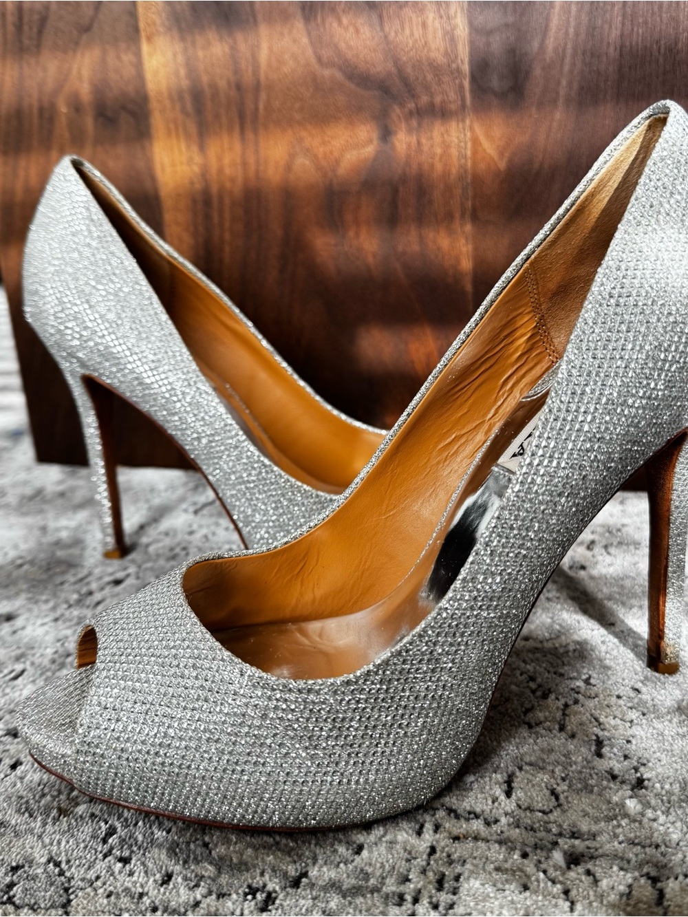 Badgley Mischka Silver Sparkle Peep-Toe Stilettos